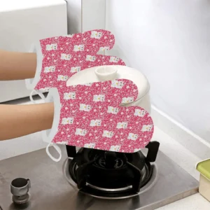 Maneki Neko Cat Sakura Pink Background Heat Resistant Oven Mitts Pot Holders Set