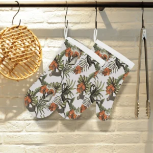 Monkey Red Hibiscus Flower Palm Leaves Floral Pattern Heat Resistant Oven Mitts Pot Holders Set