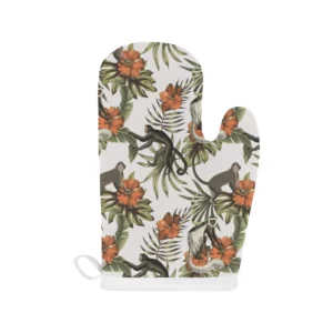 Monkey Red Hibiscus Flower Palm Leaves Floral Pattern Heat Resistant Oven Mitts Pot Holders Set