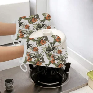 Monkey Red Hibiscus Flower Palm Leaves Floral Pattern Heat Resistant Oven Mitts Pot Holders Set