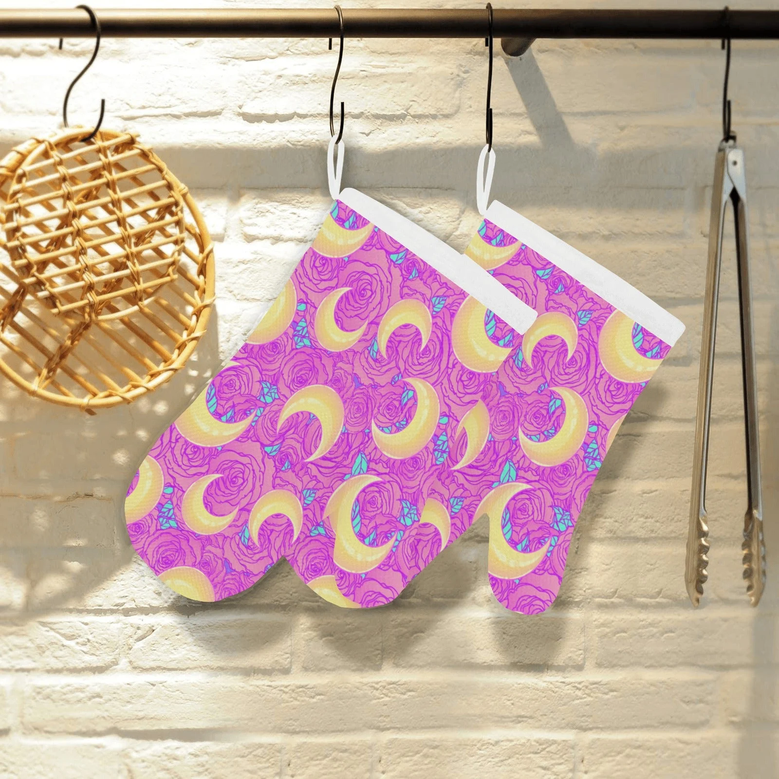 Moon Pink Rose Background Heat Resistant Oven Mitts Pot Holders Set Moon Pink Rose Background Heat Resistant Oven Mitts Pot Holders Set