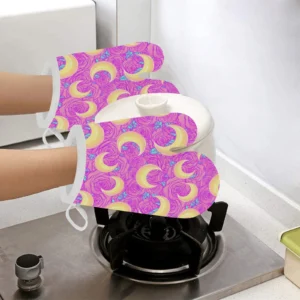 Moon Pink Rose Background Heat Resistant Oven Mitts Pot Holders Set