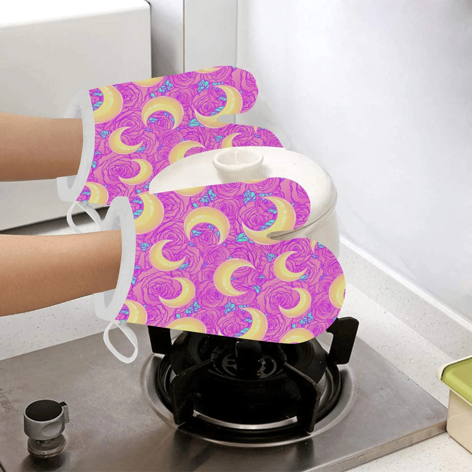 Moon Pink Rose Background Heat Resistant Oven Mitts Pot Holders Set Moon Pink Rose Background Heat Resistant Oven Mitts Pot Holders Set