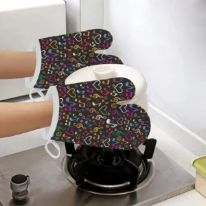 Music Notes Pattern Print Design 02 Heat Resistant Oven Mitts & Pot Holders Set