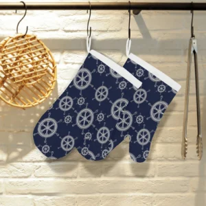 Nautical Steering Wheel Design Pattern Heat Resistant Oven Mitts Pot Holders Set
