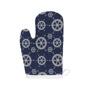 Nautical Steering Wheel Design Pattern Heat Resistant Oven Mitts Pot Holders Set