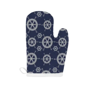 Nautical Steering Wheel Design Pattern Heat Resistant Oven Mitts Pot Holders Set