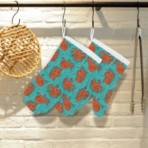 Octopus Turquoise Background Heat Resistant Oven Mitts Pot Holders Set
