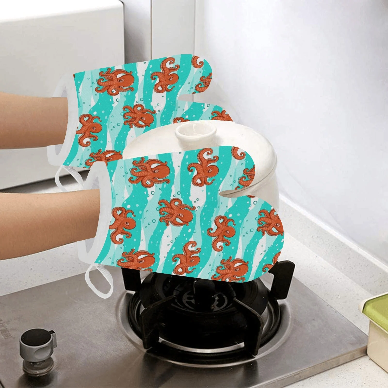 Octopuses Sea Wave Background Heat Resistant Oven Mitts Pot Holders Set Octopuses Sea Wave Background Heat Resistant Oven Mitts Pot Holders Set