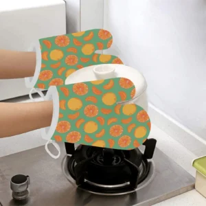 Orange Fruit Pattern Green Background Heat Resistant Oven Mitts Pot Holders Set