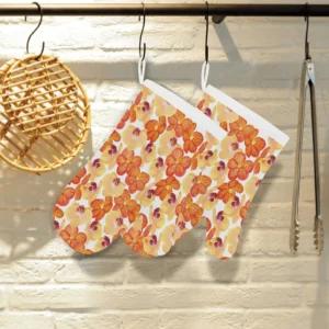 Orange Yellow Orchid Flower Pattern Background Heat Resistant Oven Mitts Pot Holders Set
