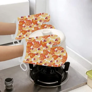Orange Yellow Orchid Flower Pattern Background Heat Resistant Oven Mitts Pot Holders Set