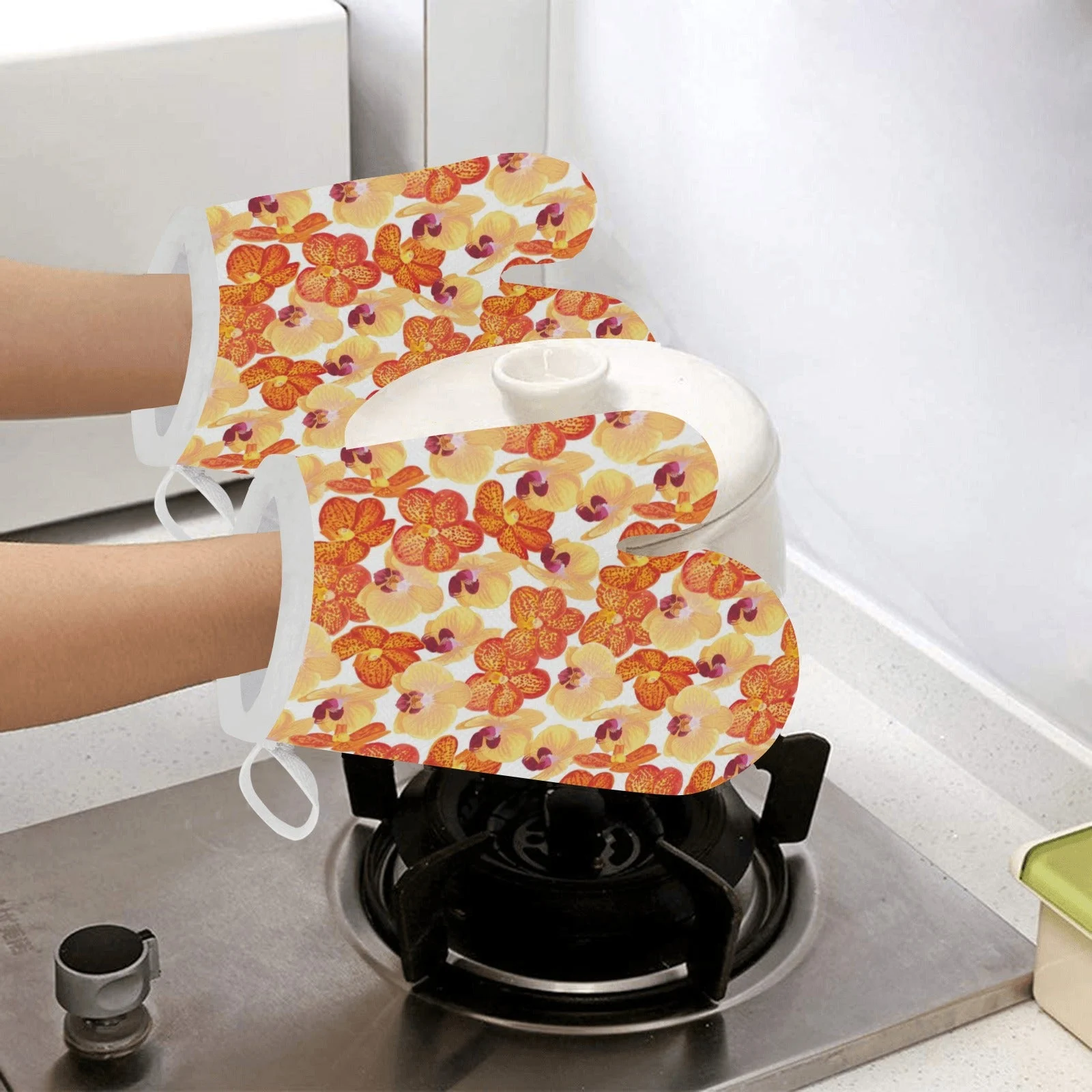 Orange Yellow Orchid Flower Pattern Background Heat Resistant Oven Mitts Pot Holders Set Orange Yellow Orchid Flower Pattern Background Heat Resistant Oven Mitts Pot Holders Set