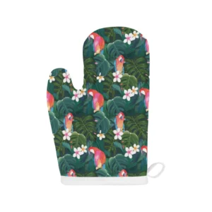 Parrot Palm Tree Leaves Flower Hibiscus Pattern Heat Resistant Oven Mitts Pot Holders Set
