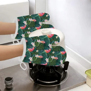Parrot Palm Tree Leaves Flower Hibiscus Pattern Heat Resistant Oven Mitts Pot Holders Set