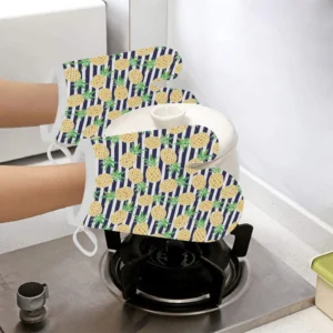Pineapples Pattern Striped Background Heat Resistant Oven Mitts Pot Holders Set