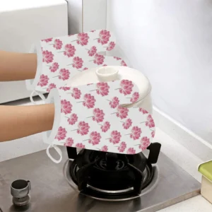 Pink Lotus Waterlily Pattern Heat Resistant Oven Mitts Pot Holders Set