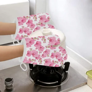 Pink Purple Orchid Pattern Background Heat Resistant Oven Mitts Pot Holders Set