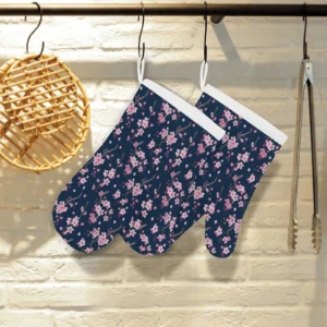 Pink Sakura Cherry Blossom Blue Background Heat Resistant Oven Mitts Pot Holders Set