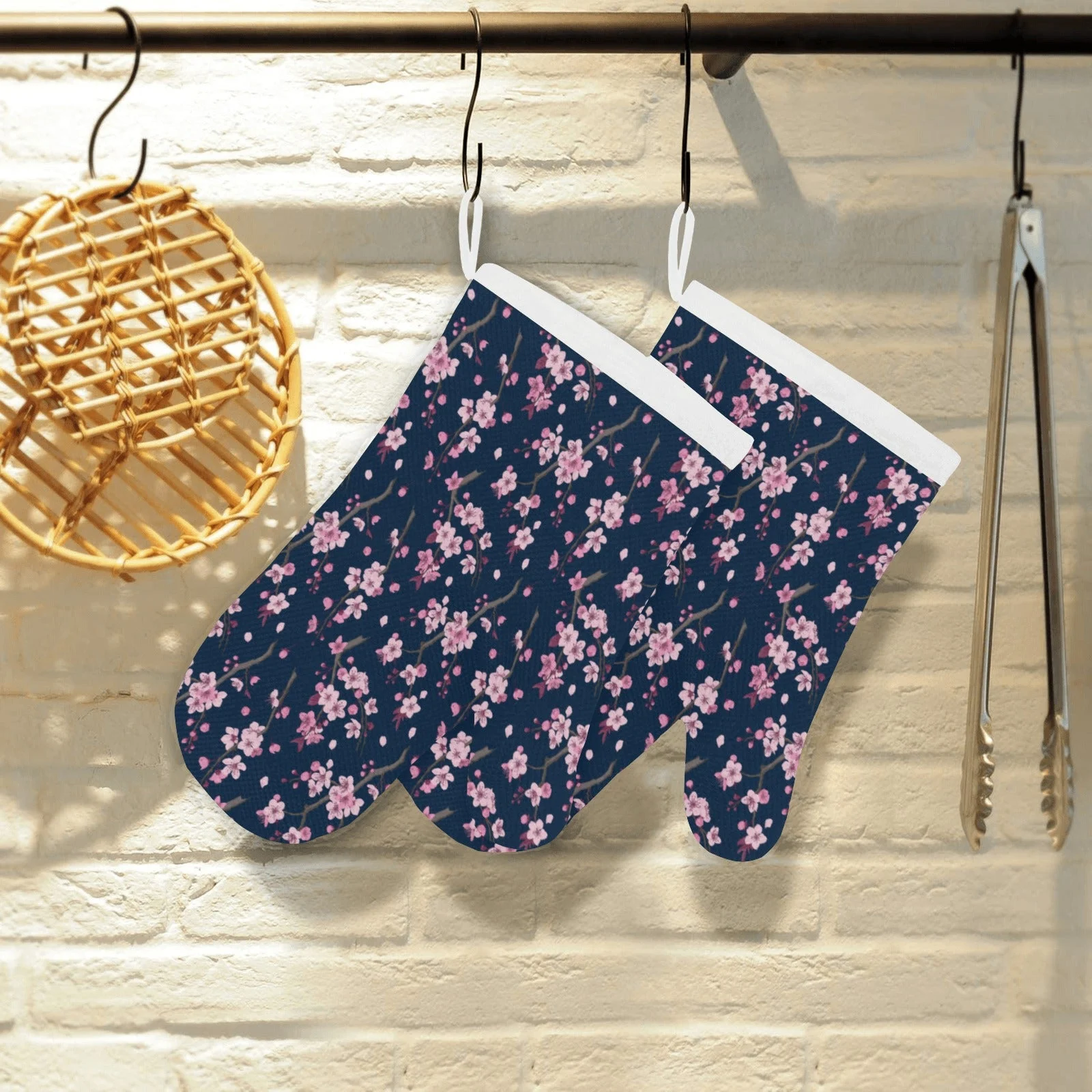 Pink Sakura Cherry Blossom Blue Background Heat Resistant Oven Mitts Pot Holders Set Pink Sakura Cherry Blossom Blue Background Heat Resistant Oven Mitts Pot Holders Set