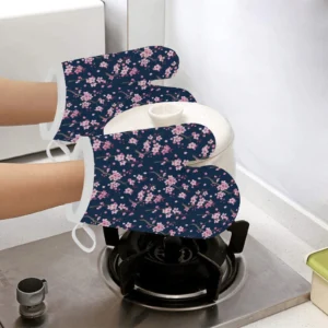 Pink Sakura Cherry Blossom Blue Background Heat Resistant Oven Mitts Pot Holders Set