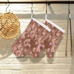 Pink Sakura Cherry Blossom Dark Brown Background Heat Resistant Oven Mitts Pot Holders Set