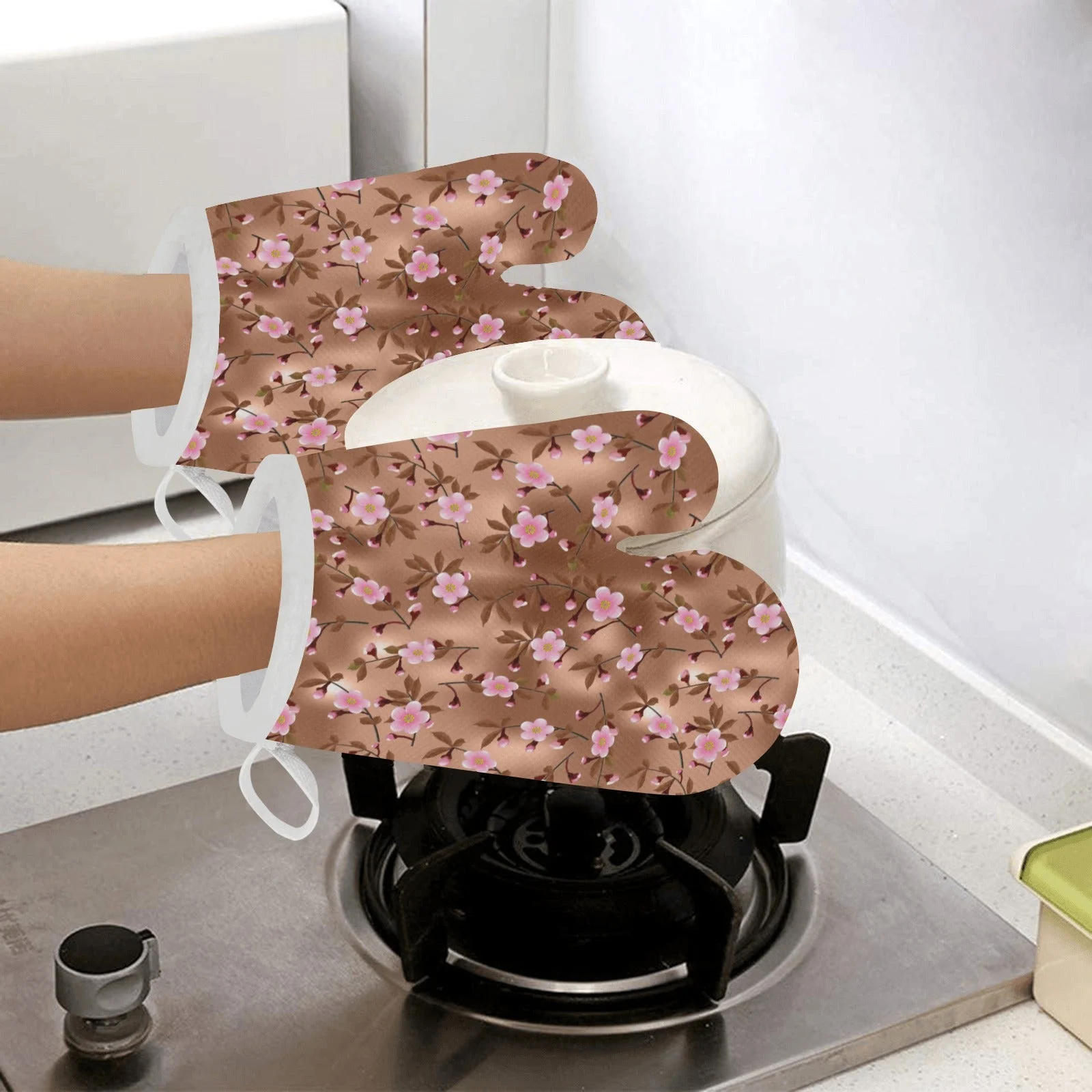 Pink Sakura Cherry Blossom Dark Brown Background Heat Resistant Oven Mitts Pot Holders Set Pink Sakura Cherry Blossom Dark Brown Background Heat Resistant Oven Mitts Pot Holders Set