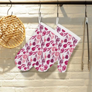 Pink Sketch Tulip Pattern Heat Resistant Oven Mitts Pot Holders Set