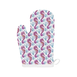 Purple Seahorse Blue Coral Pattern Heat Resistant Oven Mitts Pot Holders Set
