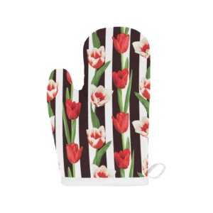 Red and White Tulips Pattern Heat Resistant Oven Mitts Pot Holders Set