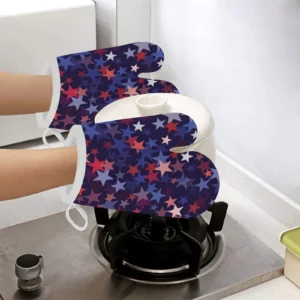 Red Blue Star Pattern Heat Resistant Oven Mitts Pot Holders Set