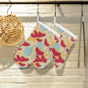 Red Bonsai Gray Sun Japanese Pattern Heat Resistant Oven Mitts Pot Holders Set