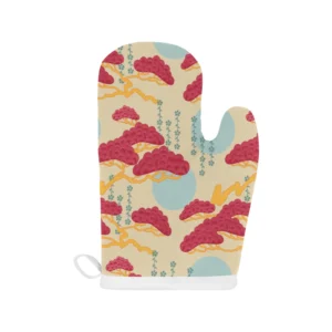 Red Bonsai Gray Sun Japanese Pattern Heat Resistant Oven Mitts Pot Holders Set