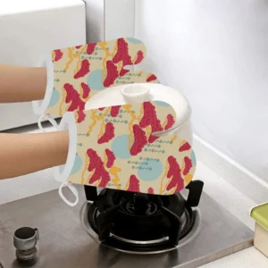 Red Bonsai Gray Sun Japanese Pattern Heat Resistant Oven Mitts Pot Holders Set