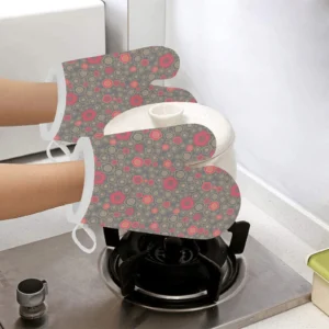 Red Gold Sakura Cherry Blossom Gray Background Heat Resistant Oven Mitts Pot Holders Set
