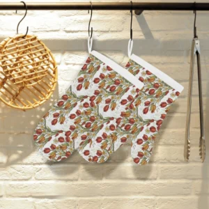 Red Tulips and Daffodils Pattern Heat Resistant Oven Mitts Pot Holders Set