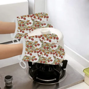 Red Tulips and Daffodils Pattern Heat Resistant Oven Mitts Pot Holders Set