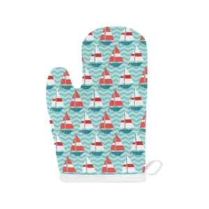 Red White sailboat wave background Heat Resistant Oven Mitts Pot Holders Set