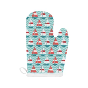 Red White sailboat wave background Heat Resistant Oven Mitts Pot Holders Set