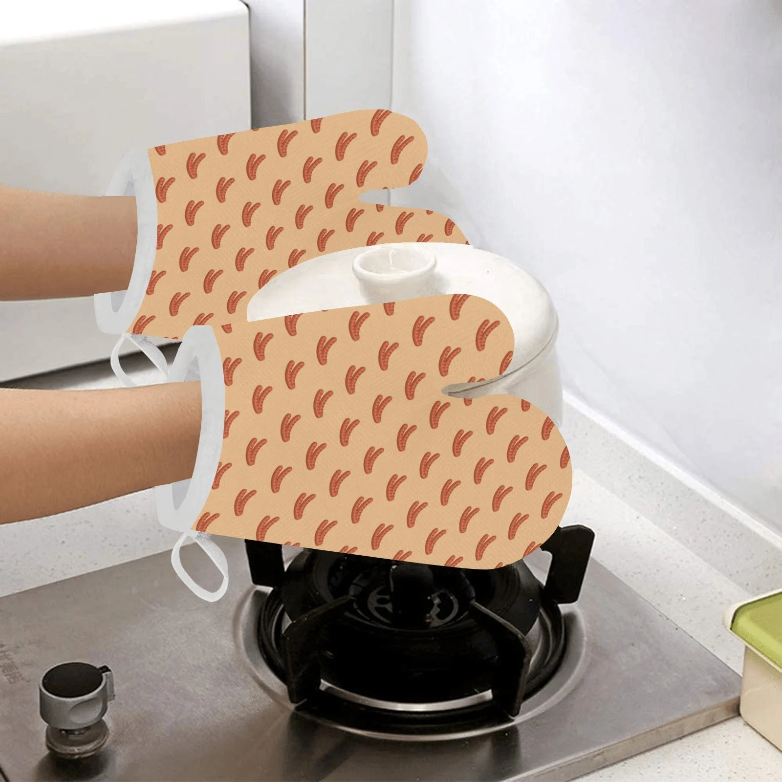 Sausage Pattern Print Design 03 Heat Resistant Oven Mitts & Pot Holders Set Sausage Pattern Print Design 03 Heat Resistant Oven Mitts & Pot Holders Set