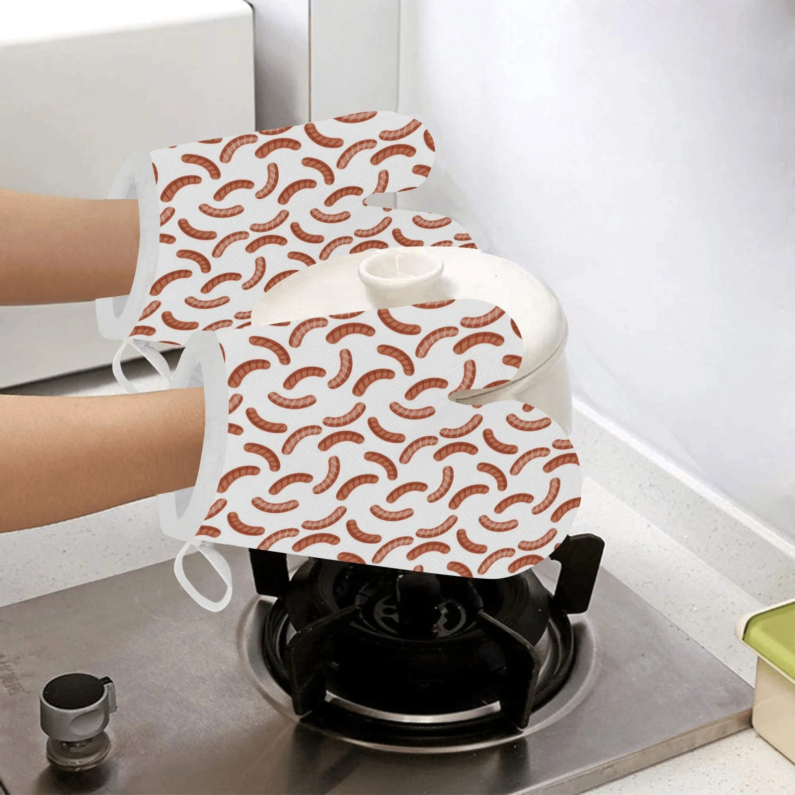 Sausage Pattern Print Design 04 Heat Resistant Oven Mitts & Pot Holders Set Sausage Pattern Print Design 04 Heat Resistant Oven Mitts & Pot Holders Set