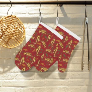 Saxophone Cornet Pattern Red Background Heat Resistant Oven Mitts Pot Holders Set