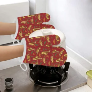 Saxophone Cornet Pattern Red Background Heat Resistant Oven Mitts Pot Holders Set