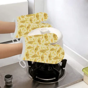 Saxophone Cornet Pattern Yellow Background Heat Resistant Oven Mitts Pot Holders Set