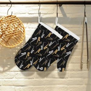 Saxophone Design Pattern Heat Resistant Oven Mitts Pot Holders Set