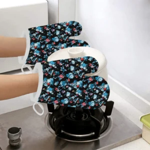 Skull Flower Roses Leave Pattern Heat Resistant Oven Mitts Pot Holders Set