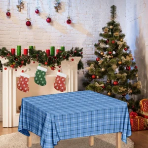 Solf Blue Tattersall Pattern Print Tablecloth Kitchen Home Decor