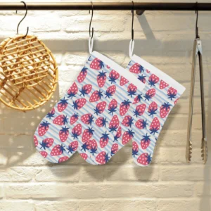 Strawberry Pattern Blue Lines Background Heat Resistant Oven Mitts Pot Holders Set