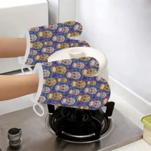Sugar Skull Flower Pattern Heat Resistant Oven Mitts Pot Holders Set
