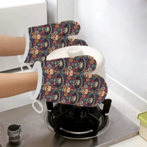 Sugar Skulls Flower Mexican Pattern Heat Resistant Oven Mitts Pot Holders Set